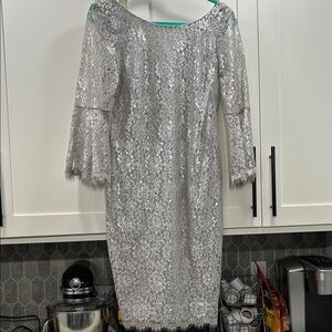 Calvin Klein Elegant Silver Lace Bell Sleeve Sheath Dress